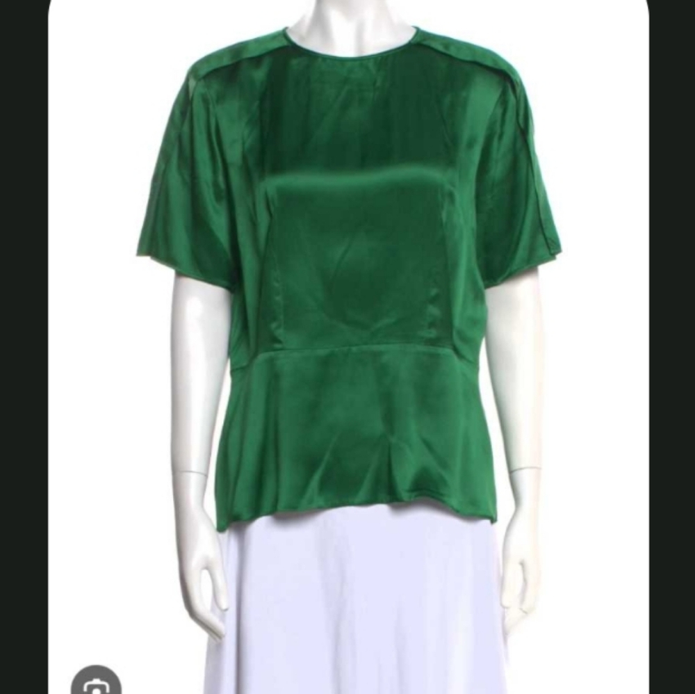 Stella McCartney Emerald Green 100% Silk Short Sleeve Peplum Blouse Like-New